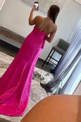 Satin Sheath Strapless Floor Length Prom Dresses With Bowknot